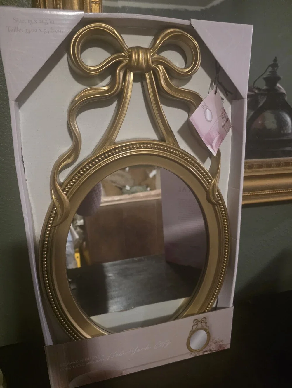 Gold Ribbon Bow Oval Wall Mirror - Elegant Home Wall Decor 13x21.5 Inches